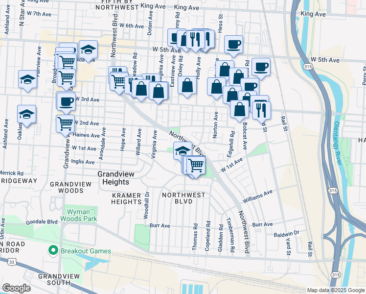 map of restaurants, bars, coffee shops, grocery stores, and more near 1161 Northwest Boulevard in Grandview Heights