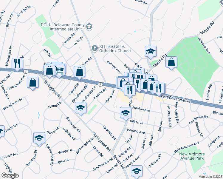 map of restaurants, bars, coffee shops, grocery stores, and more near 8 Davis Avenue in Broomall