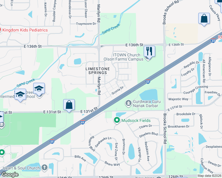 map of restaurants, bars, coffee shops, grocery stores, and more near 13226 Komatite Way in Fishers