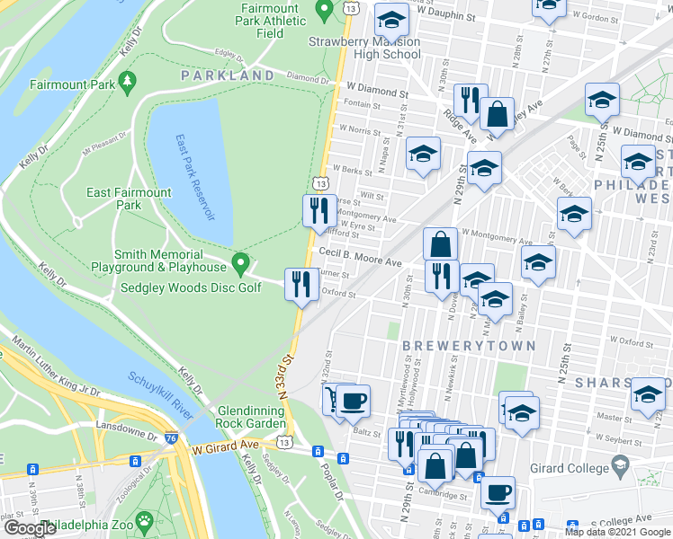 map of restaurants, bars, coffee shops, grocery stores, and more near 3207 Turner Street in Philadelphia