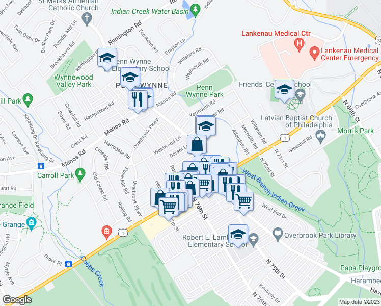 map of restaurants, bars, coffee shops, grocery stores, and more near 1405 Greywall Lane in Wynnewood