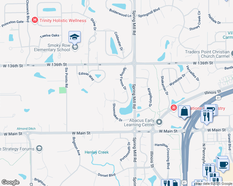 map of restaurants, bars, coffee shops, grocery stores, and more near 13501 Violet Way in Carmel