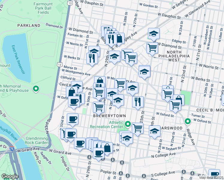 map of restaurants, bars, coffee shops, grocery stores, and more near 1710 North 28th Street in Philadelphia