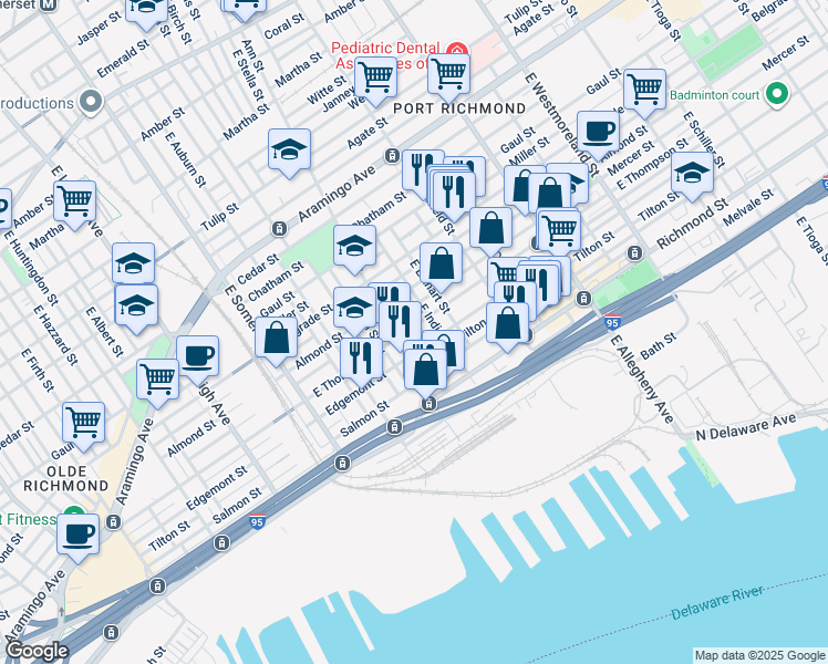 map of restaurants, bars, coffee shops, grocery stores, and more near 2975 East Thompson Street in Philadelphia