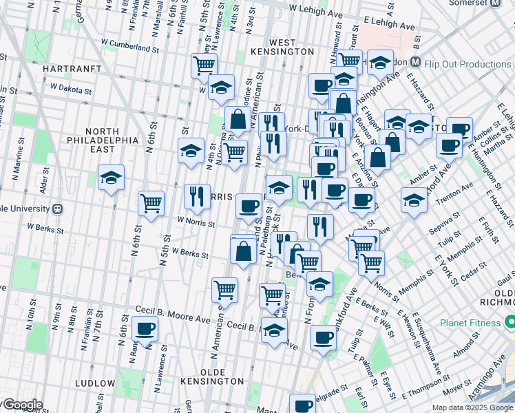 map of restaurants, bars, coffee shops, grocery stores, and more near 2054 North 2nd Street in Philadelphia