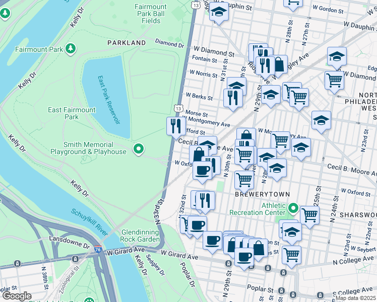 map of restaurants, bars, coffee shops, grocery stores, and more near 3205 Turner Street in Philadelphia