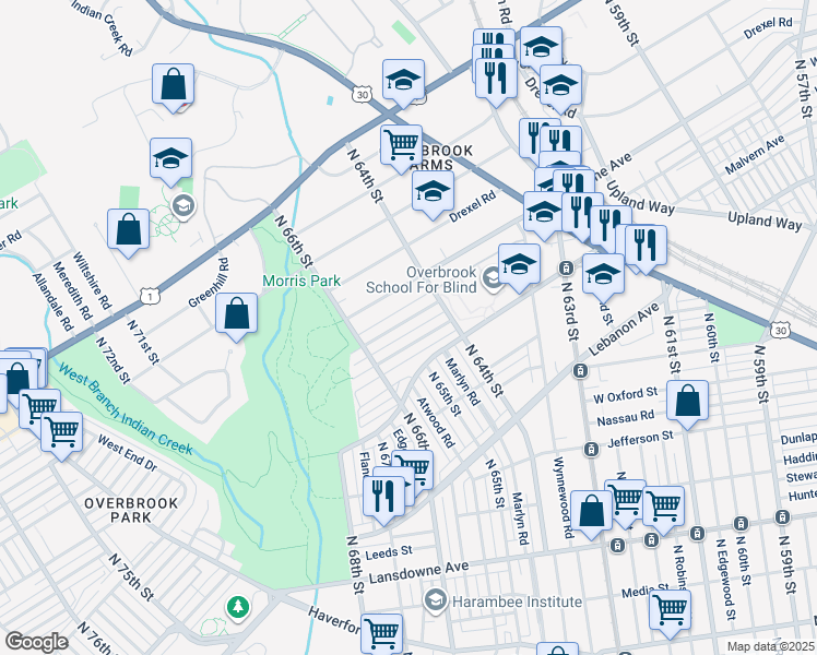 map of restaurants, bars, coffee shops, grocery stores, and more near 6442 Woodcrest Avenue in Philadelphia