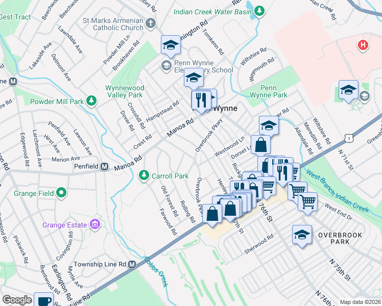 map of restaurants, bars, coffee shops, grocery stores, and more near 110 Overbrook Parkway in Wynnewood