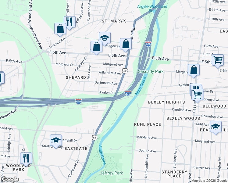 map of restaurants, bars, coffee shops, grocery stores, and more near 2241 Dartmouth Avenue in Columbus