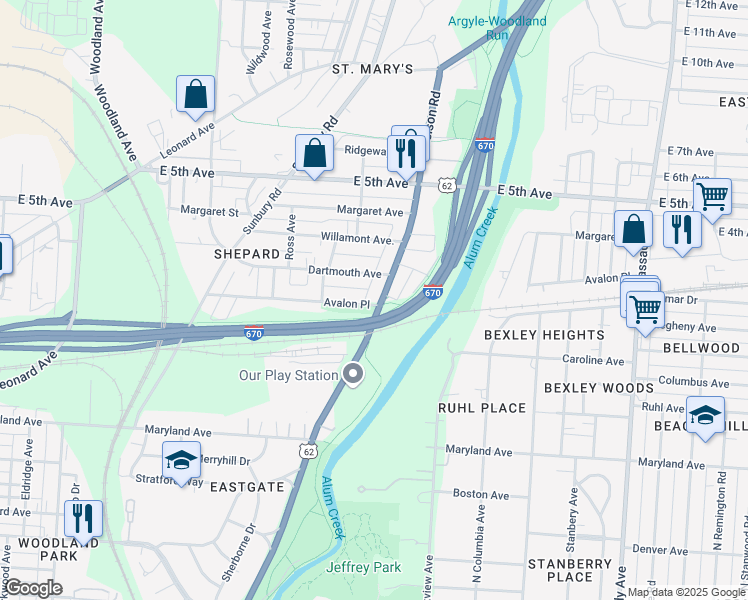 map of restaurants, bars, coffee shops, grocery stores, and more near 649 North Nelson Road in Columbus