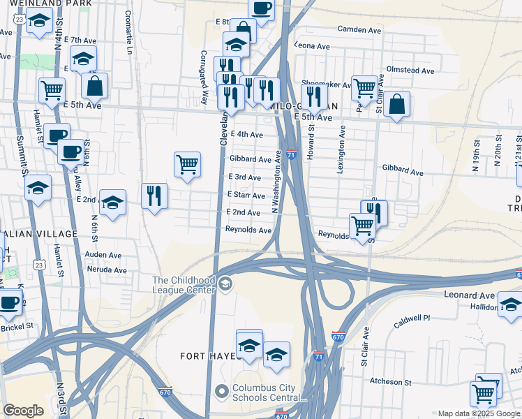 map of restaurants, bars, coffee shops, grocery stores, and more near 646 East 2nd Avenue in Columbus