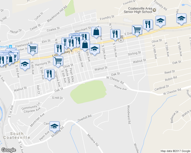 map of restaurants, bars, coffee shops, grocery stores, and more near 133 South 8th Avenue in Coatesville