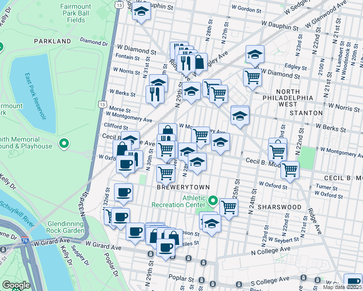 map of restaurants, bars, coffee shops, grocery stores, and more near 1706 North Newkirk Street in Philadelphia