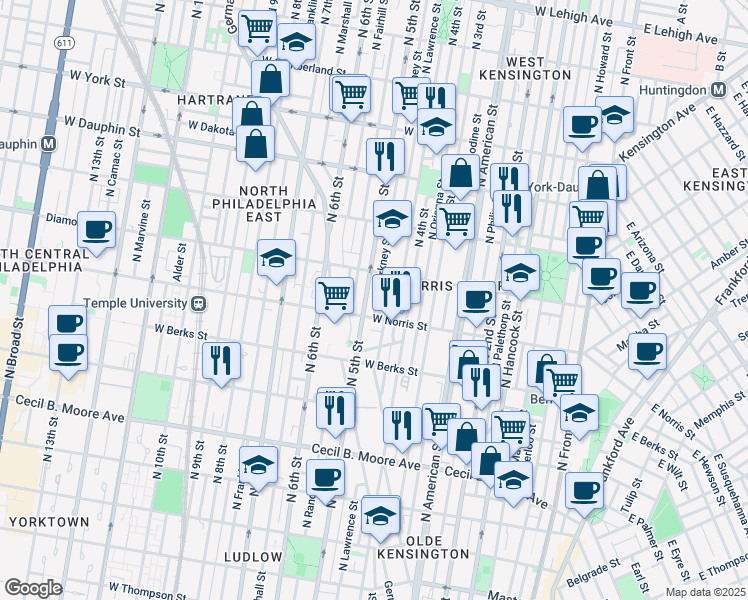 map of restaurants, bars, coffee shops, grocery stores, and more near 2020 North Orkney Street in Philadelphia