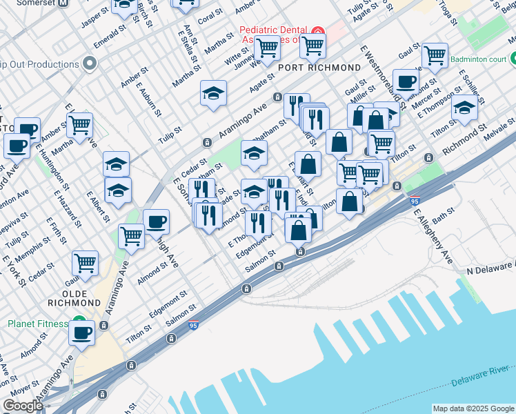 map of restaurants, bars, coffee shops, grocery stores, and more near 2609 East Monmouth Street in Philadelphia