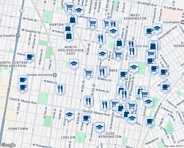 map of restaurants, bars, coffee shops, grocery stores, and more near 2011 North Randolph Street in Philadelphia