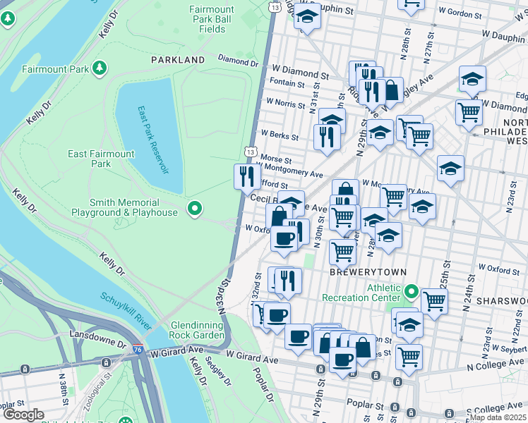 map of restaurants, bars, coffee shops, grocery stores, and more near 3207 Turner Street in Philadelphia