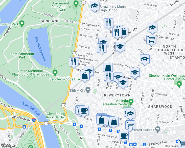 map of restaurants, bars, coffee shops, grocery stores, and more near 1715 North 31st Street in Philadelphia