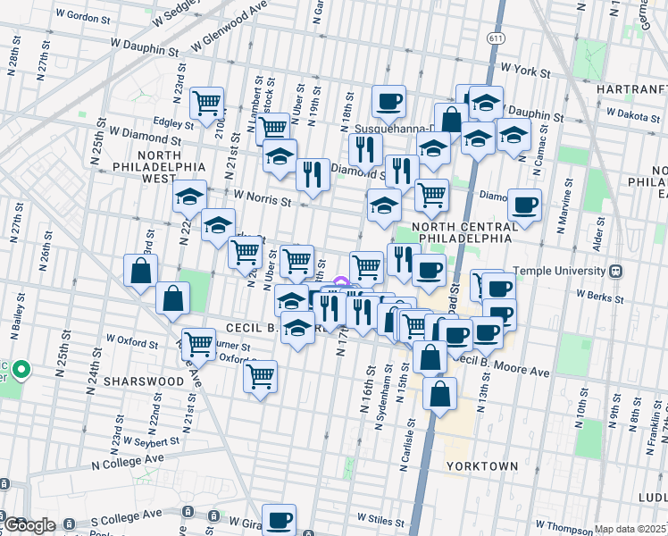 map of restaurants, bars, coffee shops, grocery stores, and more near 1828 North Bouvier Street in Philadelphia