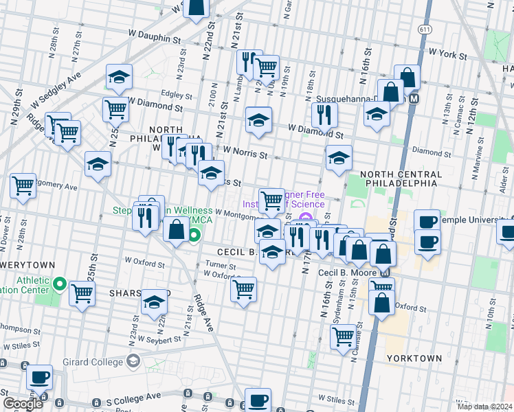 map of restaurants, bars, coffee shops, grocery stores, and more near 1914 West Wilt Street in Philadelphia