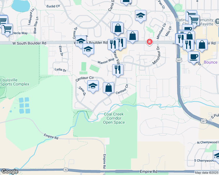 map of restaurants, bars, coffee shops, grocery stores, and more near 1219b West Centaur Circle in Lafayette