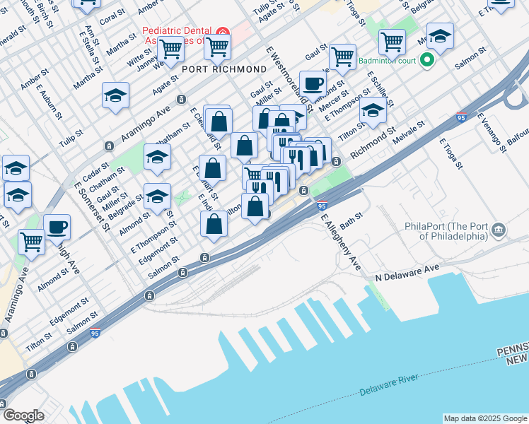 map of restaurants, bars, coffee shops, grocery stores, and more near 3127 Salmon Street in Philadelphia