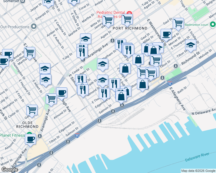 map of restaurants, bars, coffee shops, grocery stores, and more near 2600 Ann Street in Philadelphia