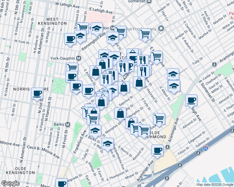 map of restaurants, bars, coffee shops, grocery stores, and more near 2133 East Letterly Street in Philadelphia