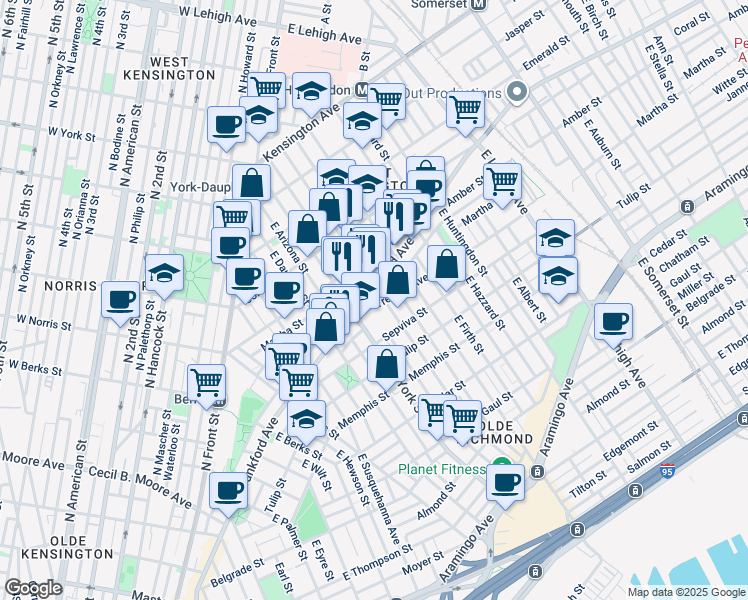 map of restaurants, bars, coffee shops, grocery stores, and more near 2424 Martha Street in Philadelphia