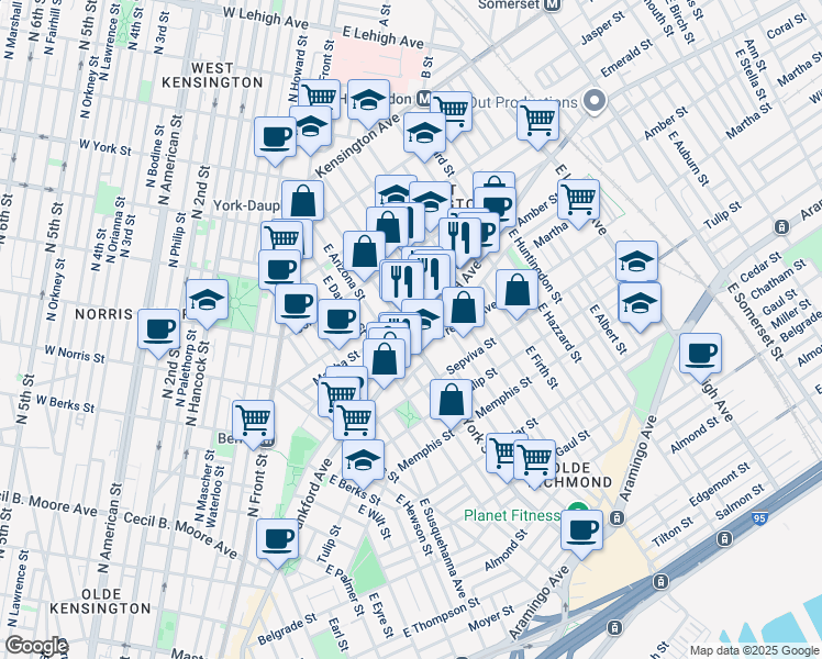 map of restaurants, bars, coffee shops, grocery stores, and more near 2127 East York Street in Philadelphia