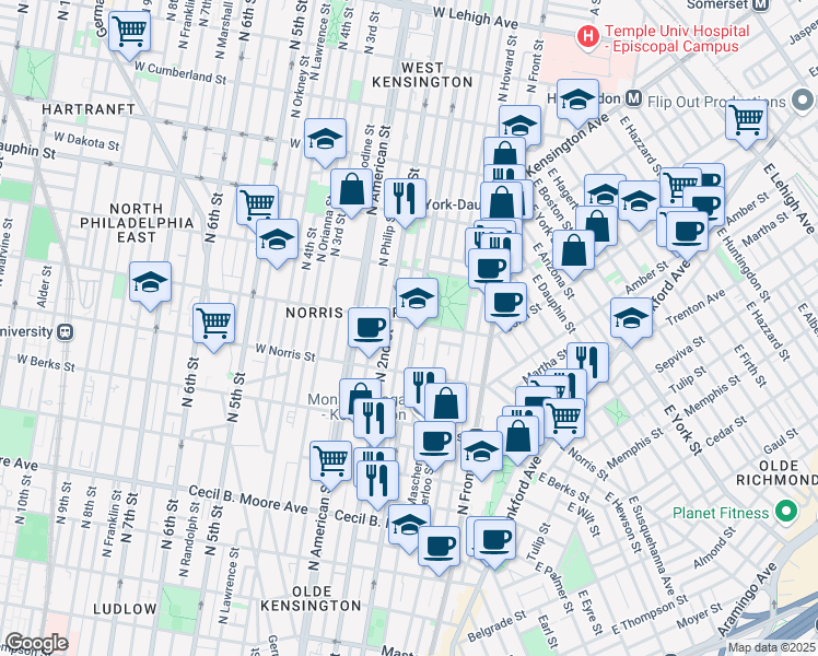 map of restaurants, bars, coffee shops, grocery stores, and more near in Philadelphia