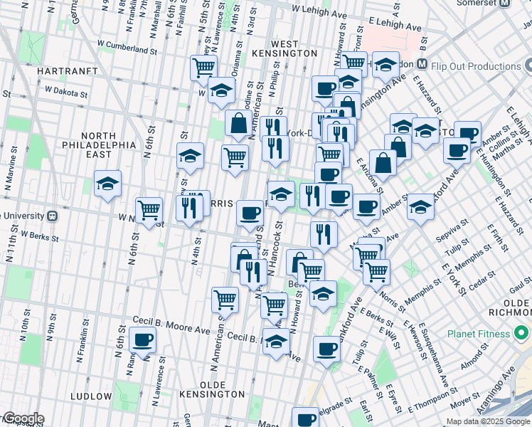 map of restaurants, bars, coffee shops, grocery stores, and more near in Philadelphia
