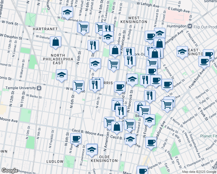 map of restaurants, bars, coffee shops, grocery stores, and more near 303 Diamond Street in Philadelphia