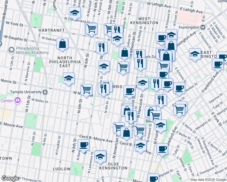 map of restaurants, bars, coffee shops, grocery stores, and more near 303 Diamond Street in Philadelphia