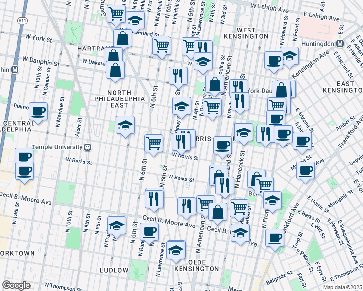 map of restaurants, bars, coffee shops, grocery stores, and more near in Philadelphia