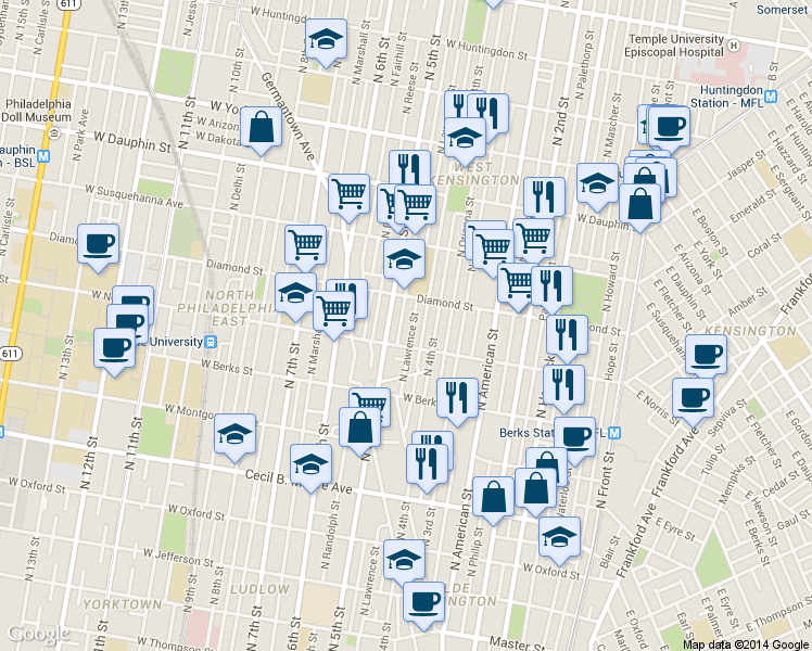 map of restaurants, bars, coffee shops, grocery stores, and more near in Philadelphia