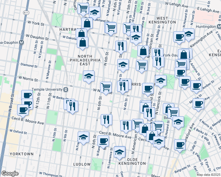 map of restaurants, bars, coffee shops, grocery stores, and more near 2048 North 5th Street in Philadelphia