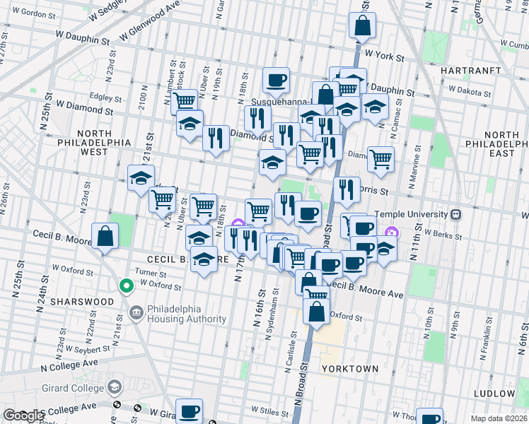 map of restaurants, bars, coffee shops, grocery stores, and more near 1858 North 16th Street in Philadelphia