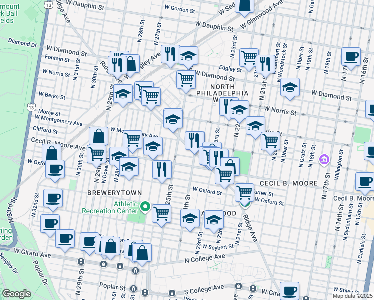 map of restaurants, bars, coffee shops, grocery stores, and more near 2407 West Montgomery Avenue in Philadelphia