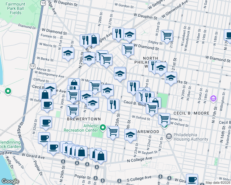 map of restaurants, bars, coffee shops, grocery stores, and more near 1757 North 26th Street in Philadelphia