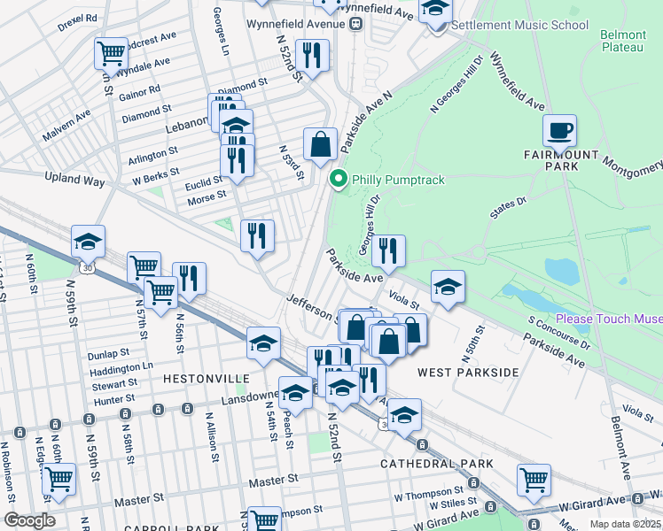 map of restaurants, bars, coffee shops, grocery stores, and more near 5300 Parkside Avenue in Philadelphia