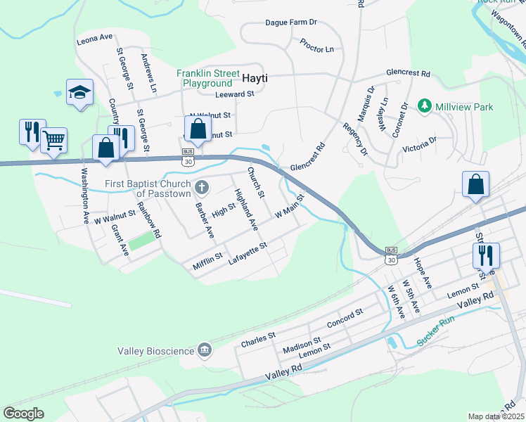 map of restaurants, bars, coffee shops, grocery stores, and more near 226 Church Street in Coatesville