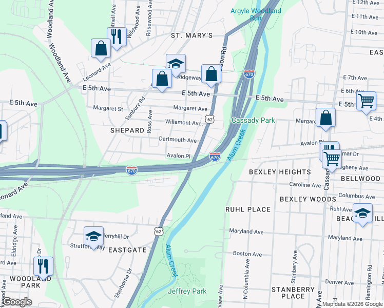 map of restaurants, bars, coffee shops, grocery stores, and more near 2241 Dartmouth Avenue in Columbus