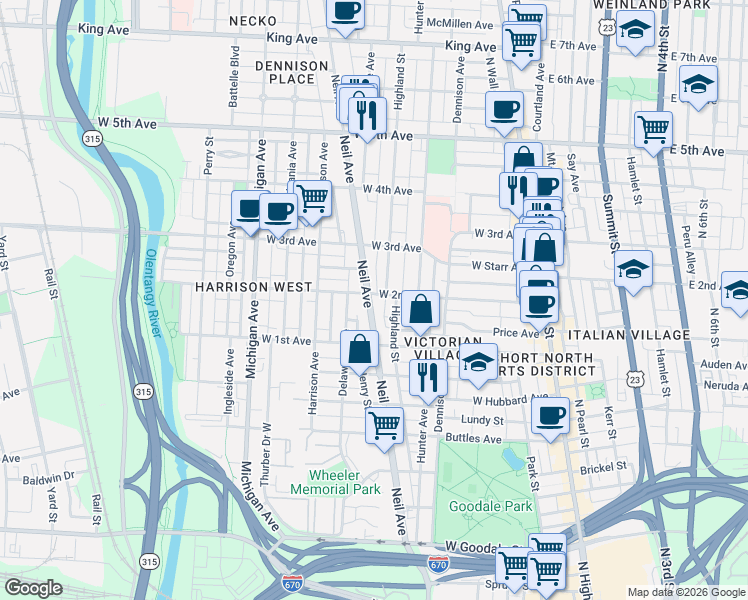 map of restaurants, bars, coffee shops, grocery stores, and more near 1017 Highland Street in Columbus
