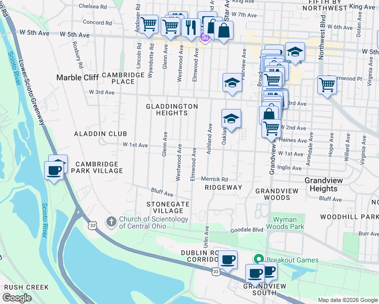 map of restaurants, bars, coffee shops, grocery stores, and more near 1750 West 1st Avenue in Columbus