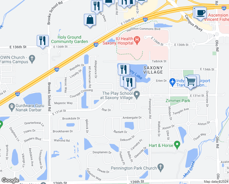 map of restaurants, bars, coffee shops, grocery stores, and more near 13255 Patriotic Way in Fishers