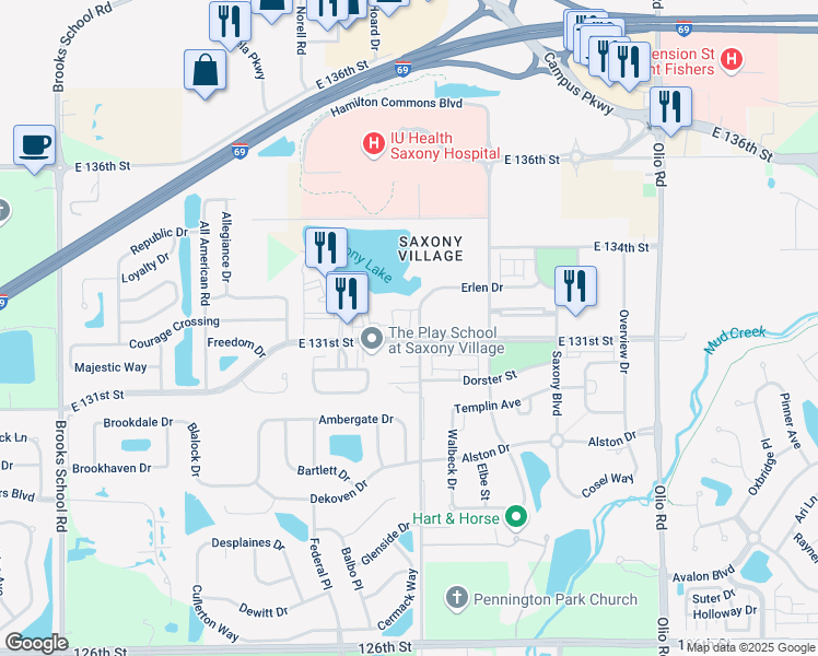 map of restaurants, bars, coffee shops, grocery stores, and more near Westhampton Place in Fishers