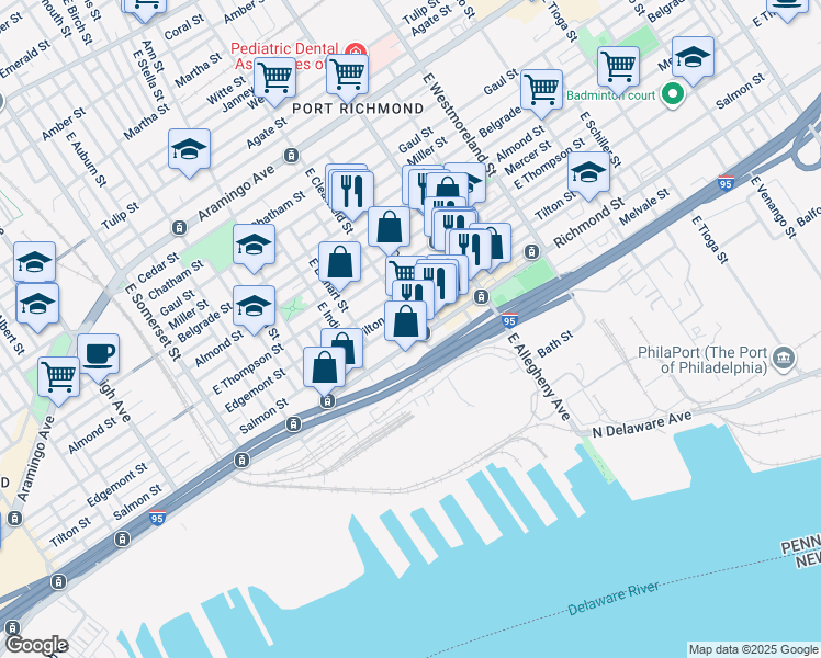 map of restaurants, bars, coffee shops, grocery stores, and more near 2740 East Clearfield Street in Philadelphia