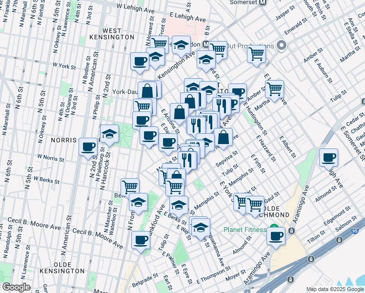 map of restaurants, bars, coffee shops, grocery stores, and more near 2305 Amber Street in Philadelphia