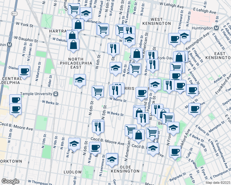map of restaurants, bars, coffee shops, grocery stores, and more near 2025 North Lawrence Street in Philadelphia